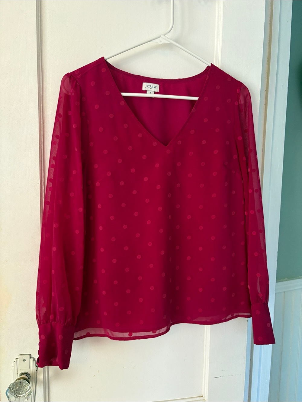 J. Crew Raspberry Polka Dot V-Neck Long-Sleeve Blouse
